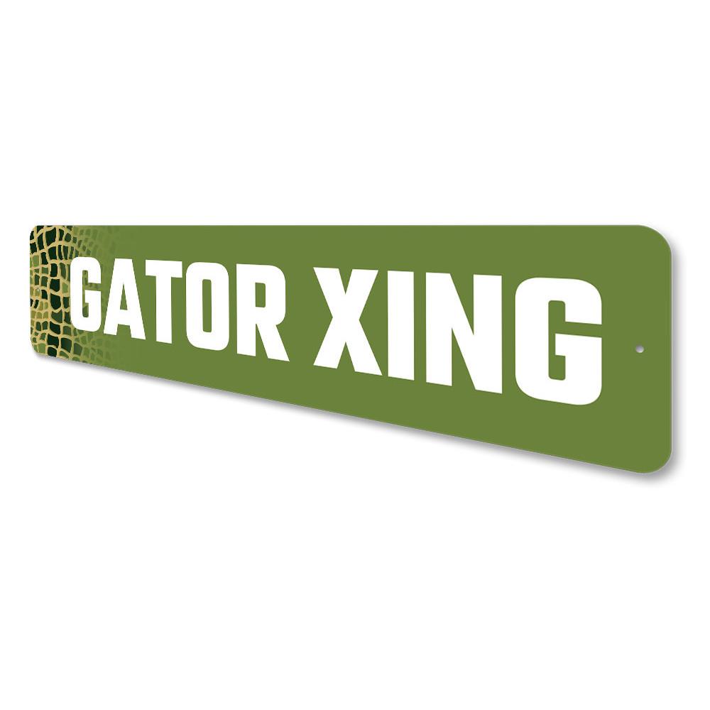 Gator Crossing Sign made of high-quality aluminum, featuring vibrant colors and a humorous design, perfect for indoor or outdoor decoration.