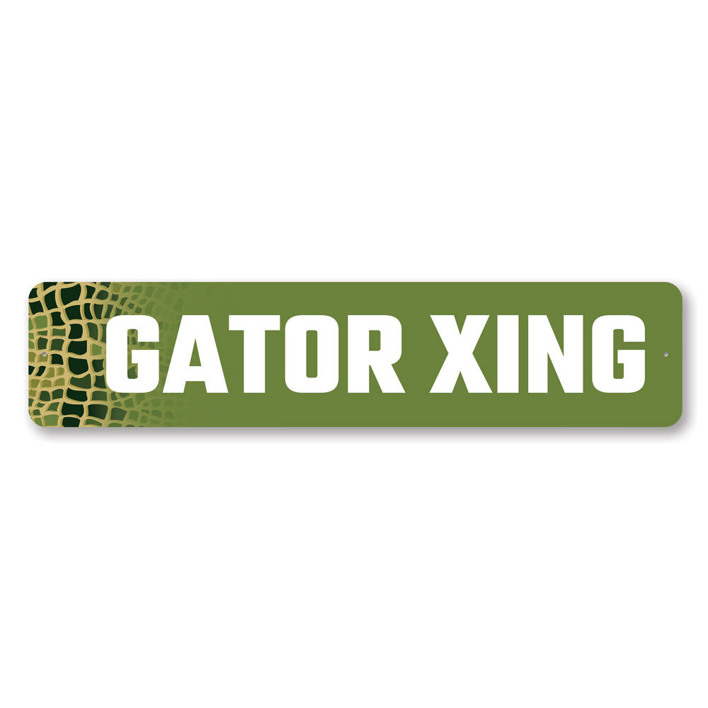 Gator Crossing Sign made of high-quality aluminum, featuring vibrant colors and a humorous design, perfect for indoor or outdoor decoration.