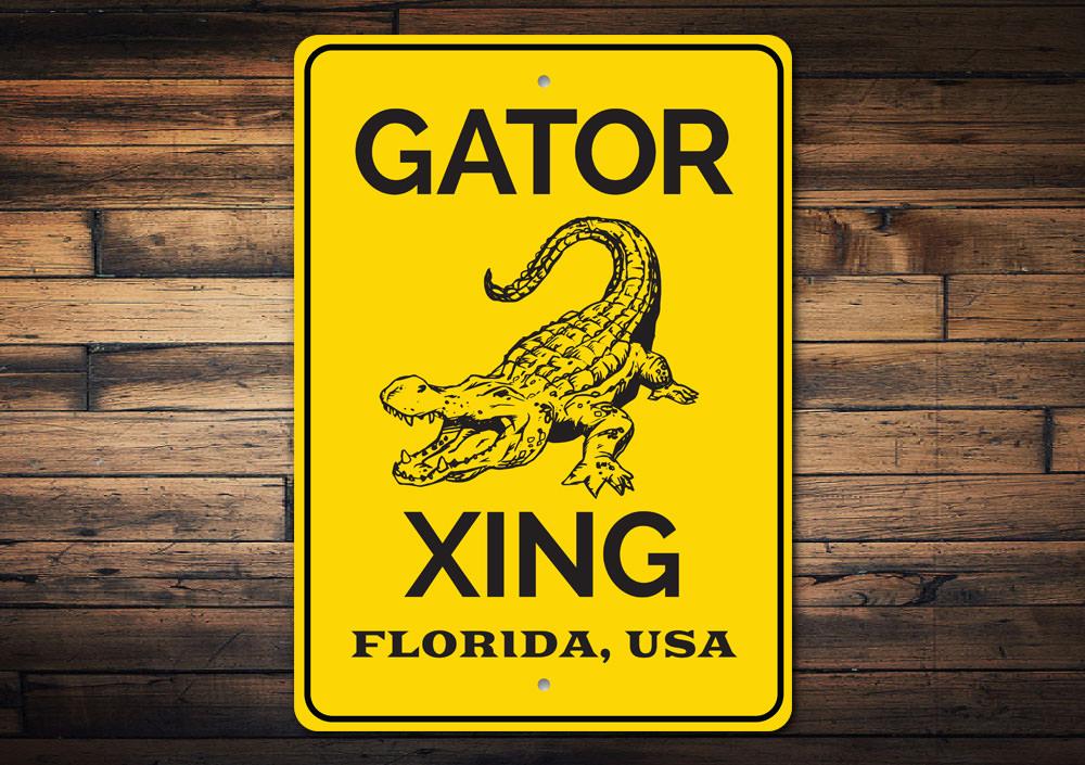 Gator Crossing Sign made of durable aluminum, featuring a playful design perfect for beach houses and coastal decor.