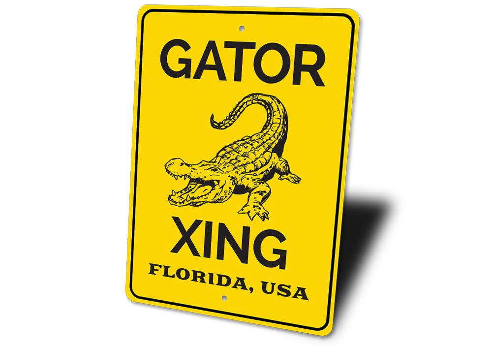 Gator Crossing Sign made of durable aluminum, featuring a playful design perfect for beach houses and coastal decor.