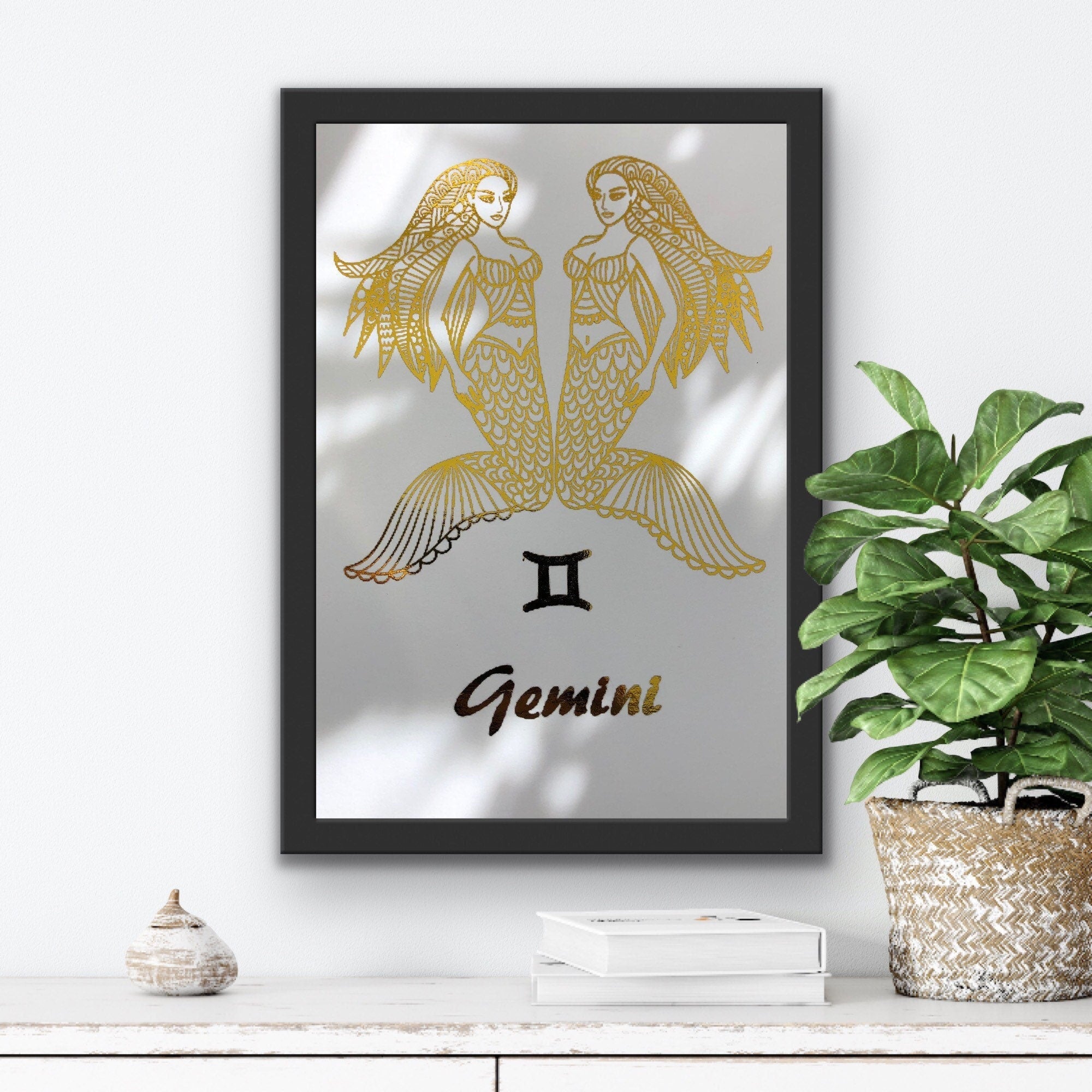 Gemini Star Sign Foil Print featuring celestial twins design in elegant foil finish.