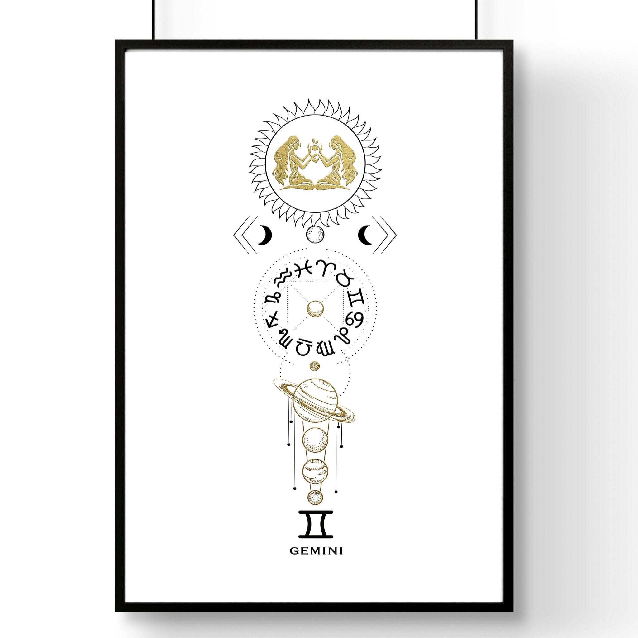 Gemini zodiac sign wall art print featuring intricate designs and vibrant colors, perfect for home decor.