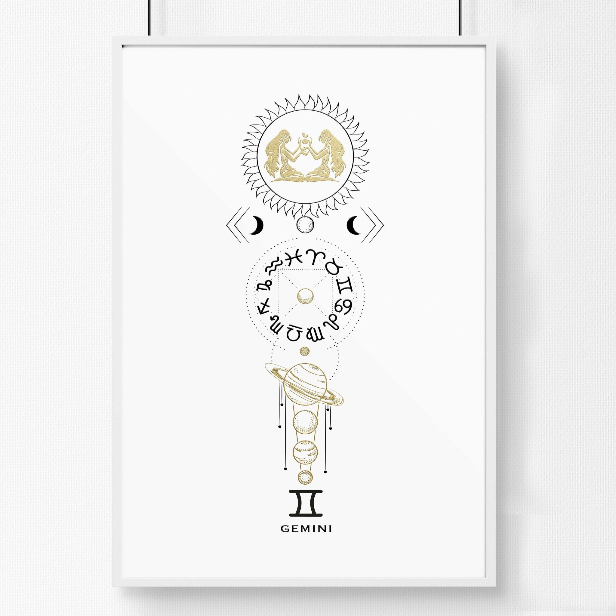 Gemini zodiac sign wall art print featuring intricate designs and vibrant colors, perfect for home decor.