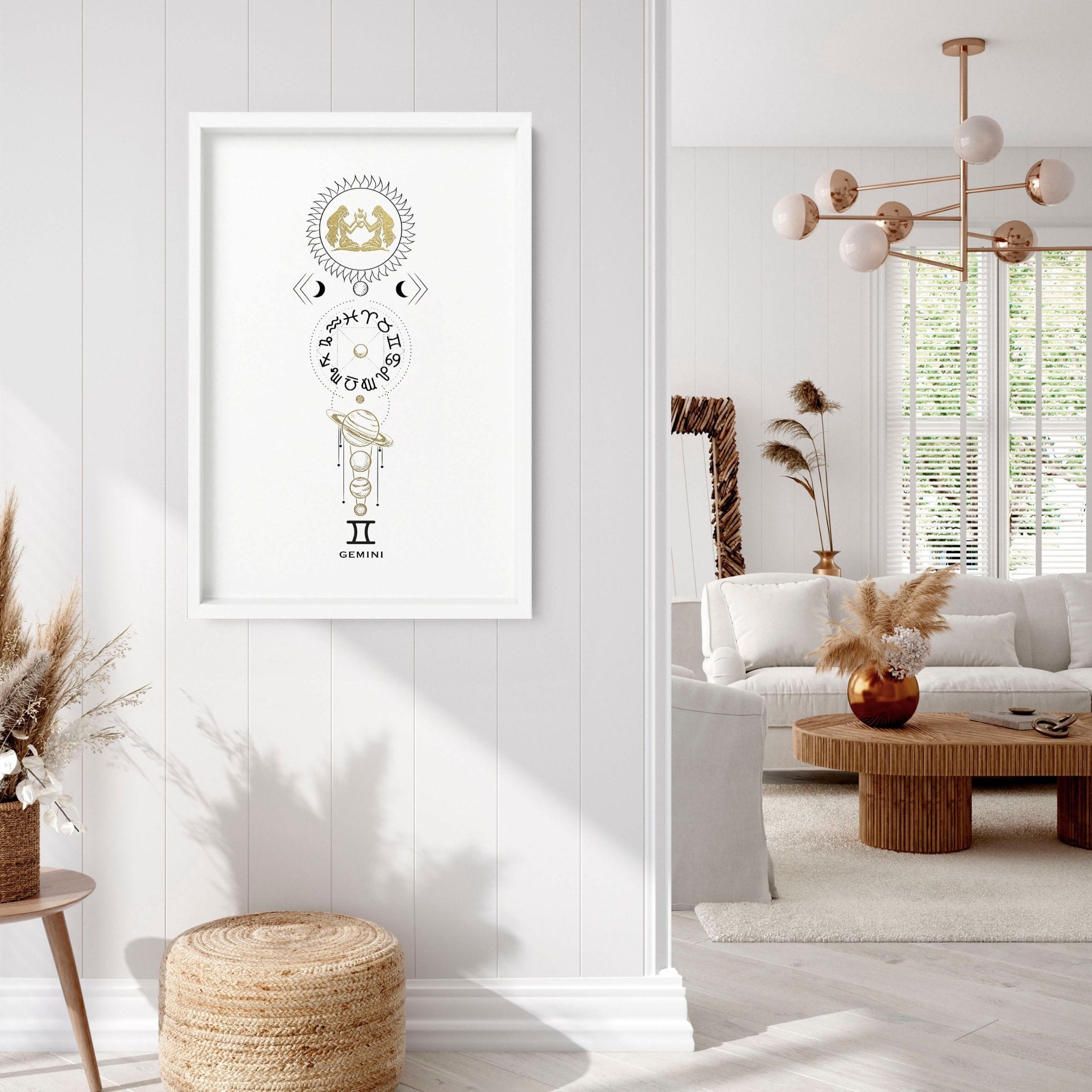 Gemini zodiac sign wall art print featuring intricate designs and vibrant colors, perfect for home decor.