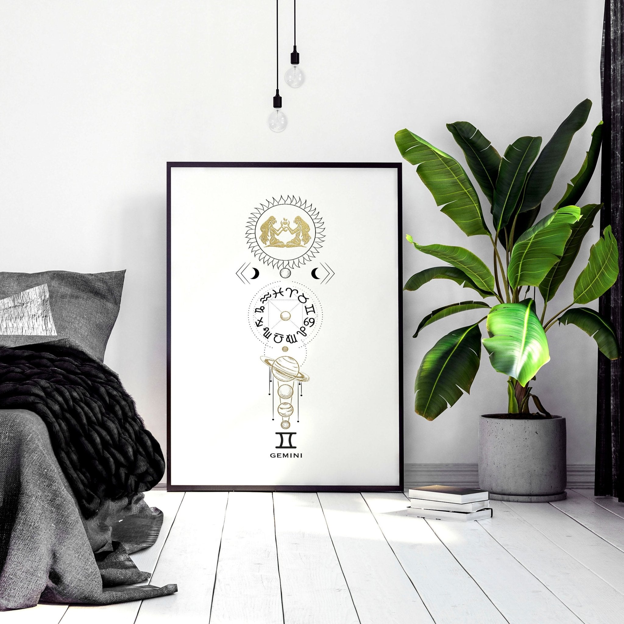 Gemini zodiac sign wall art print featuring intricate designs and vibrant colors, perfect for home decor.