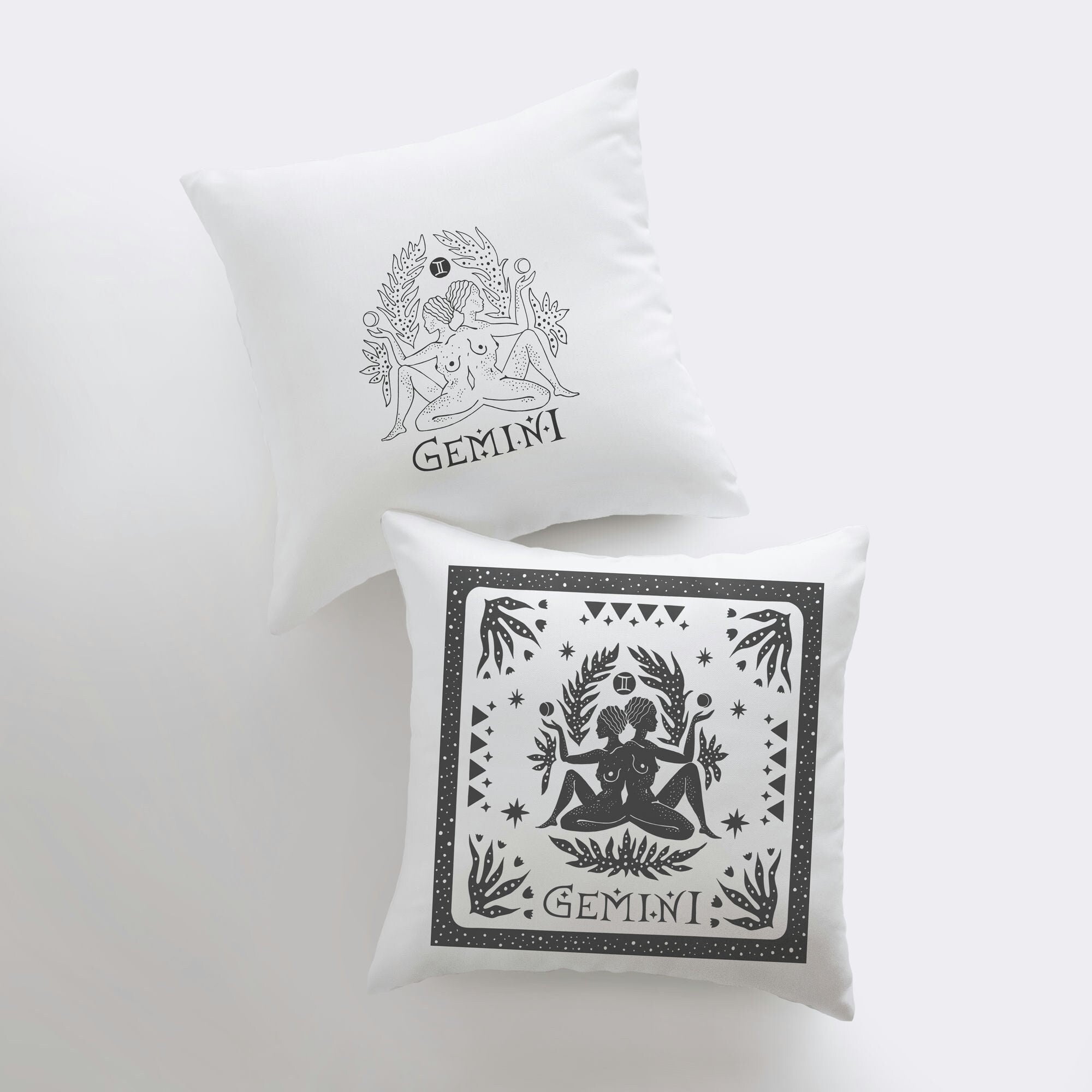 Gemini Zodiac Throw Pillow featuring the Gemini symbol on the front, handcrafted in America with a concealed zipper and available in various sizes.