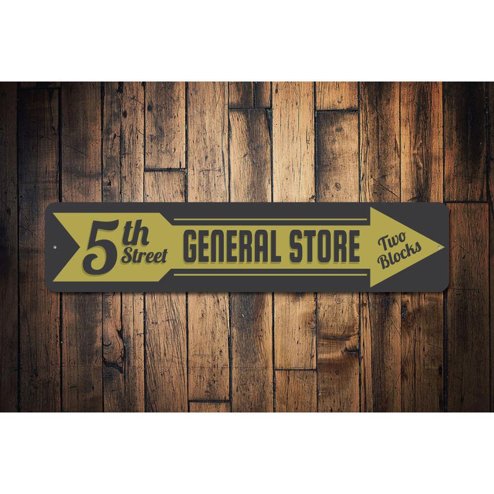 General Store Arrow Sign made of high-quality aluminum, featuring customizable text and pre-drilled holes for easy mounting.