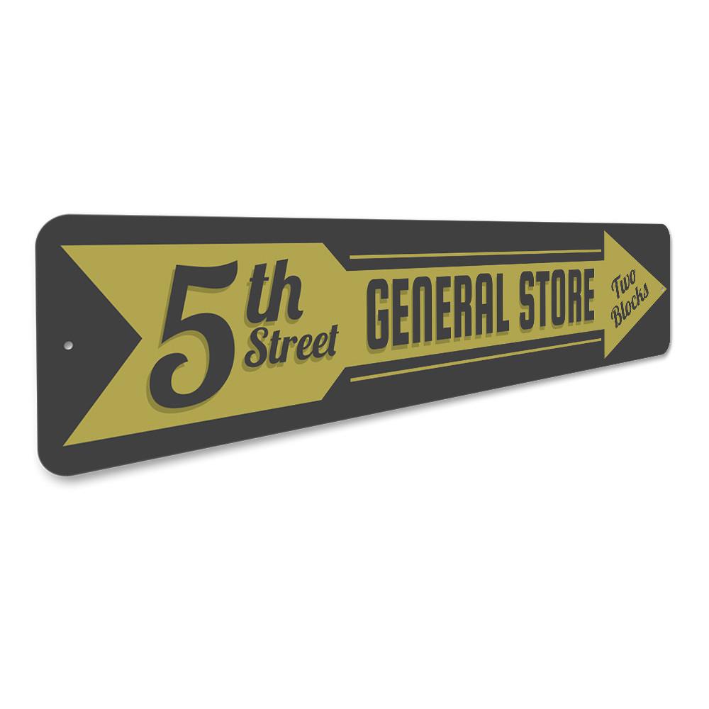 General Store Arrow Sign made of high-quality aluminum, featuring customizable text and pre-drilled holes for easy mounting.