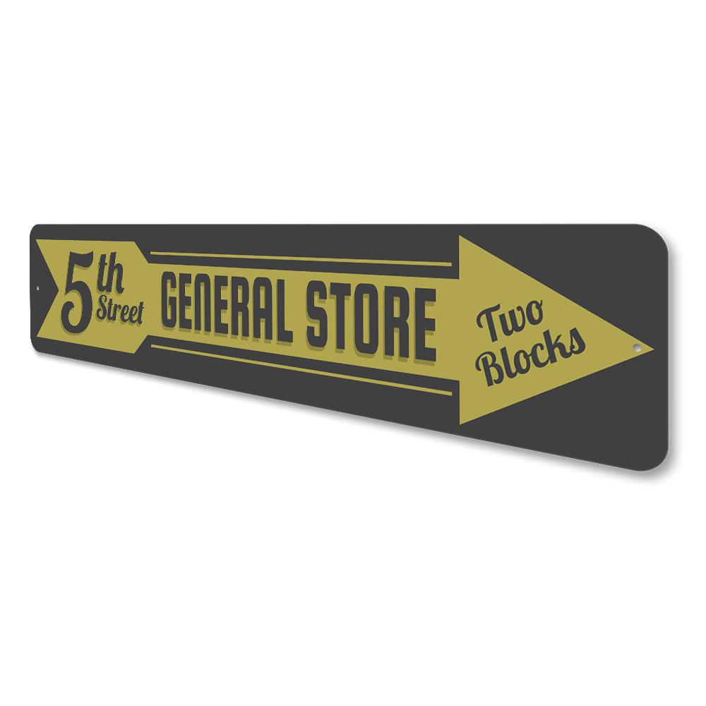 General Store Arrow Sign made of high-quality aluminum, featuring customizable text and pre-drilled holes for easy mounting.