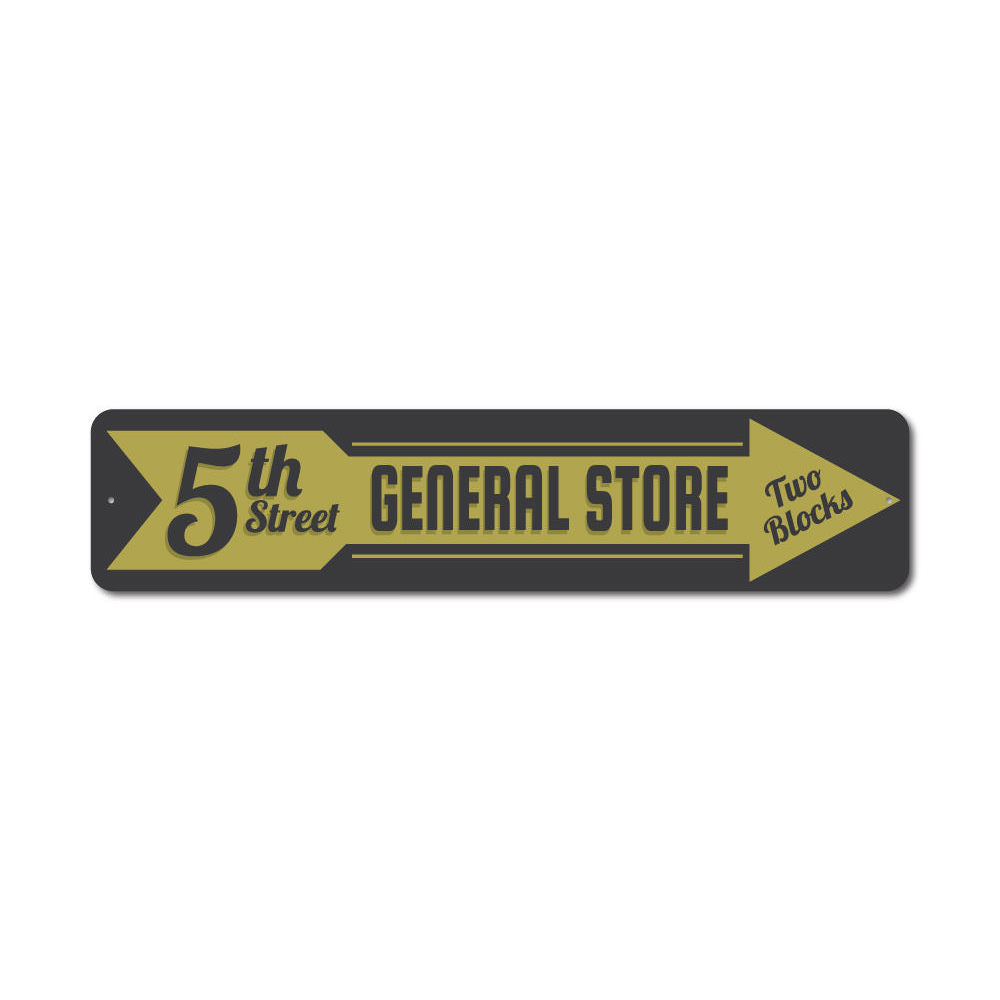 General Store Arrow Sign made of high-quality aluminum, featuring customizable text and pre-drilled holes for easy mounting.