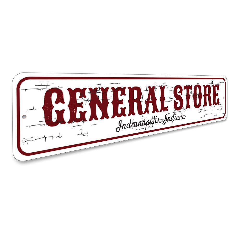 Customizable General Store City State Sign made of high-quality aluminum, featuring pre-drilled holes for easy mounting.