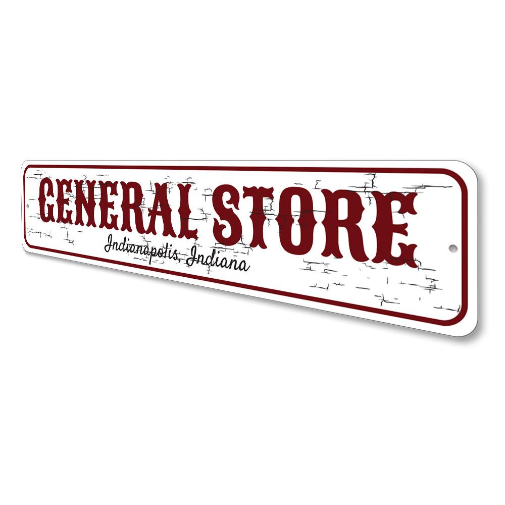 Customizable General Store City State Sign made of high-quality aluminum, featuring pre-drilled holes for easy mounting.