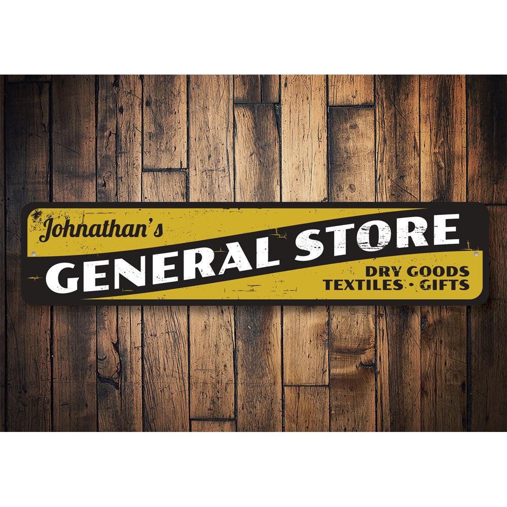 General Store Dry Goods Sign made of high-quality aluminum, featuring customizable text and pre-drilled holes for easy mounting.