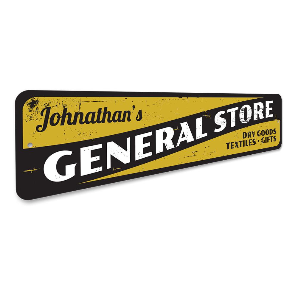 General Store Dry Goods Sign made of high-quality aluminum, featuring customizable text and pre-drilled holes for easy mounting.