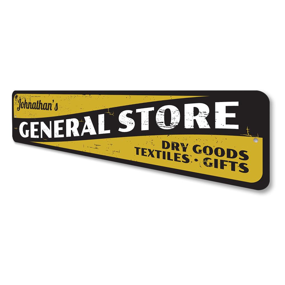 General Store Dry Goods Sign made of high-quality aluminum, featuring customizable text and pre-drilled holes for easy mounting.