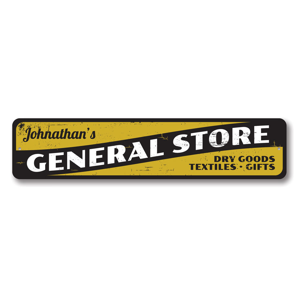 General Store Dry Goods Sign made of high-quality aluminum, featuring customizable text and pre-drilled holes for easy mounting.