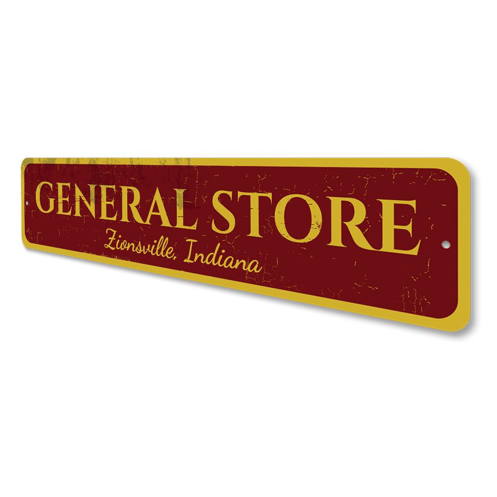 Customizable General Store Sign made of high-quality aluminum, featuring pre-drilled holes for easy mounting, perfect for businesses and gifts.