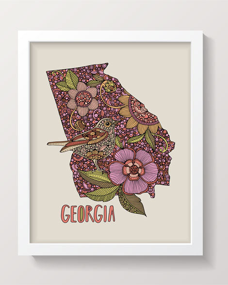 Georgia State Map art print featuring the Northern Flicker bird and Camellia flower, intricately designed in pen and ink with digital coloring.