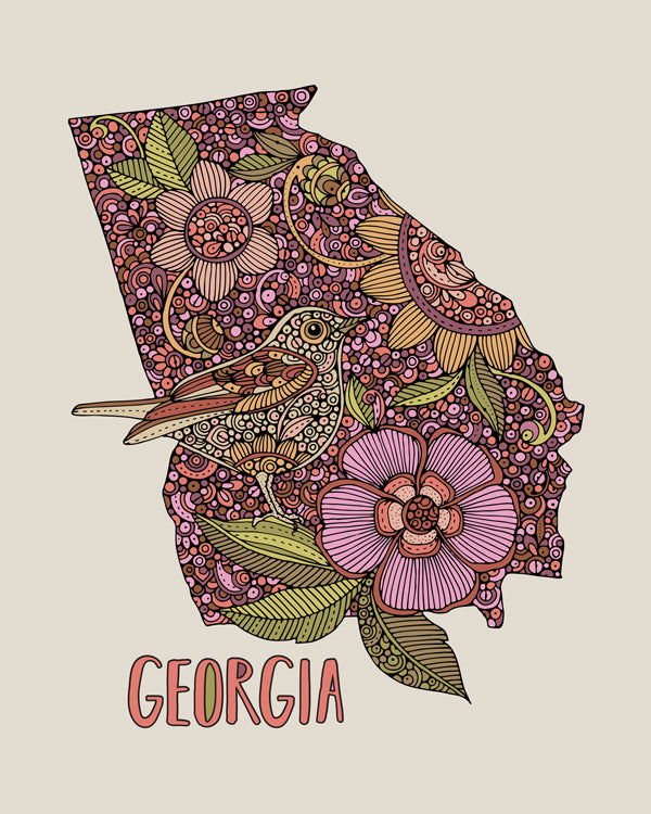 Georgia State Map art print featuring the Northern Flicker bird and Camellia flower, intricately designed in pen and ink with digital coloring.