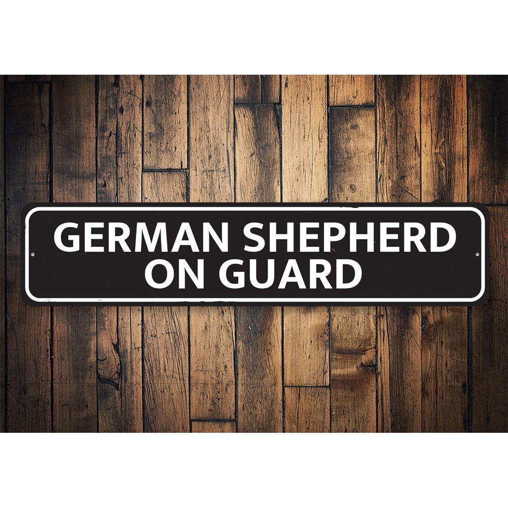 A decorative German Shepherd On Guard Sign made of aluminum, featuring a striking design suitable for home decor.