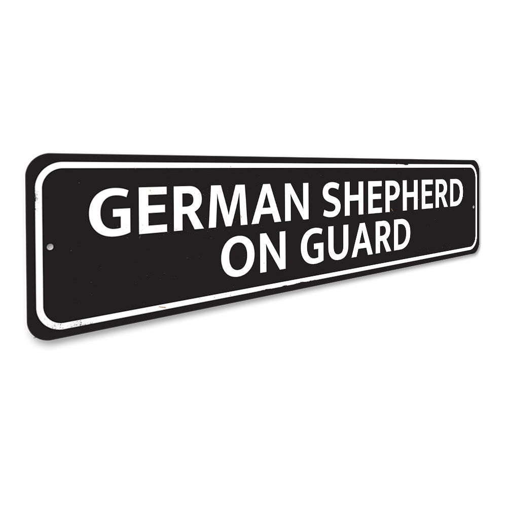 A decorative German Shepherd On Guard Sign made of aluminum, featuring a striking design suitable for home decor.