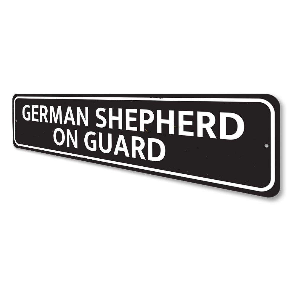 A decorative German Shepherd On Guard Sign made of aluminum, featuring a striking design suitable for home decor.