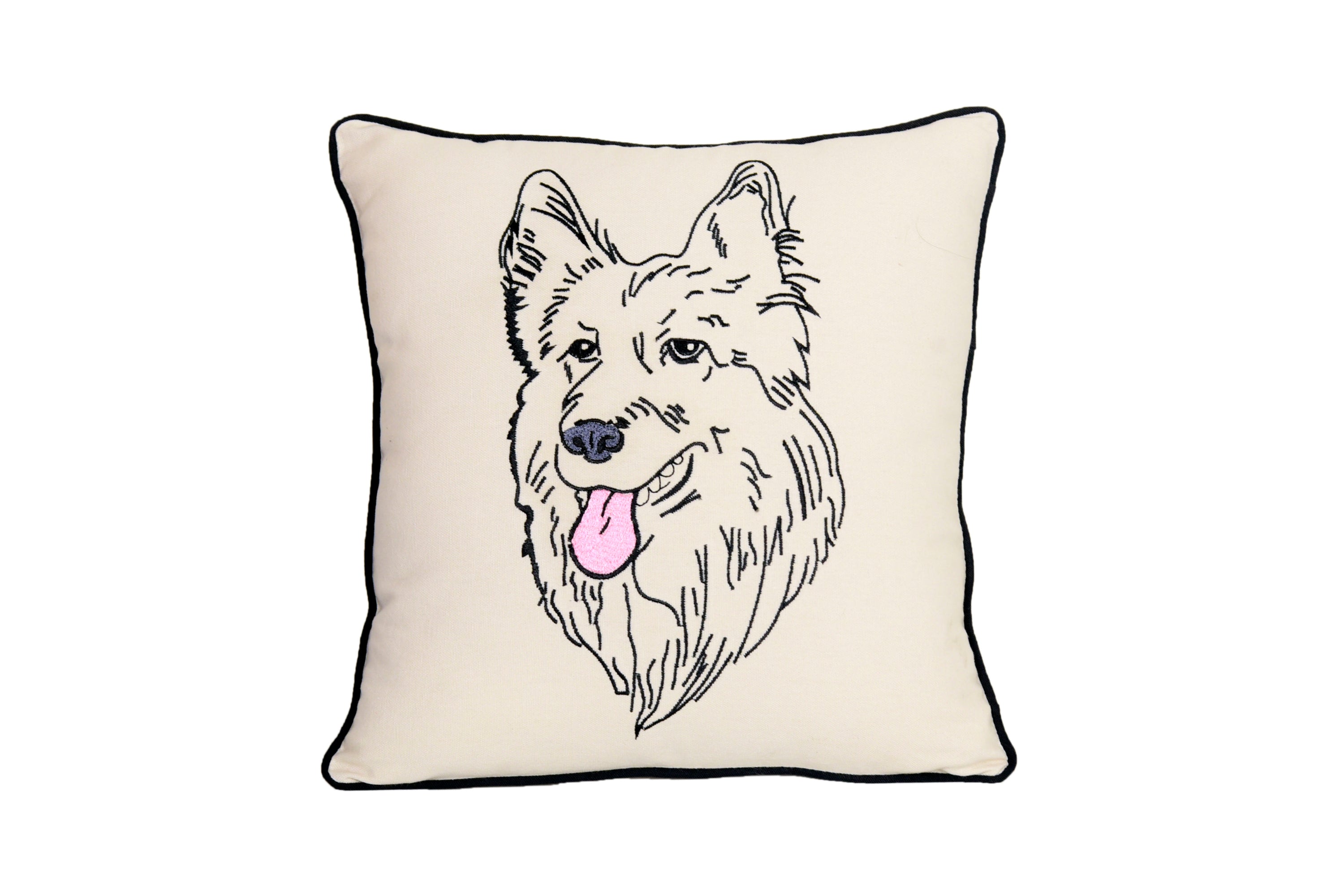 A decorative pillow featuring an embroidered portrait of a German Shepherd on a 100% cotton canvas, with black piping and a zipper opening.