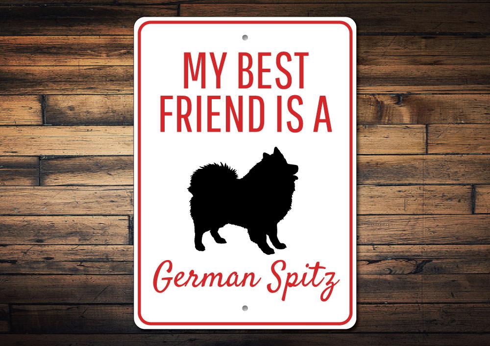 Customizable German Spitz metal sign, made from high-quality aluminum, featuring pre-drilled holes for easy mounting.