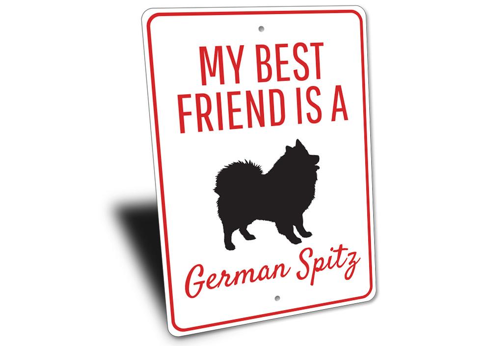 Customizable German Spitz metal sign, made from high-quality aluminum, featuring pre-drilled holes for easy mounting.