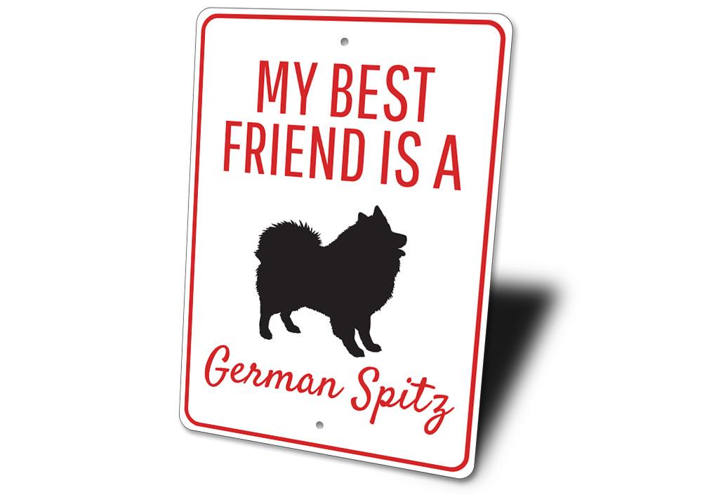 Customizable German Spitz metal sign, made from high-quality aluminum, featuring pre-drilled holes for easy mounting.