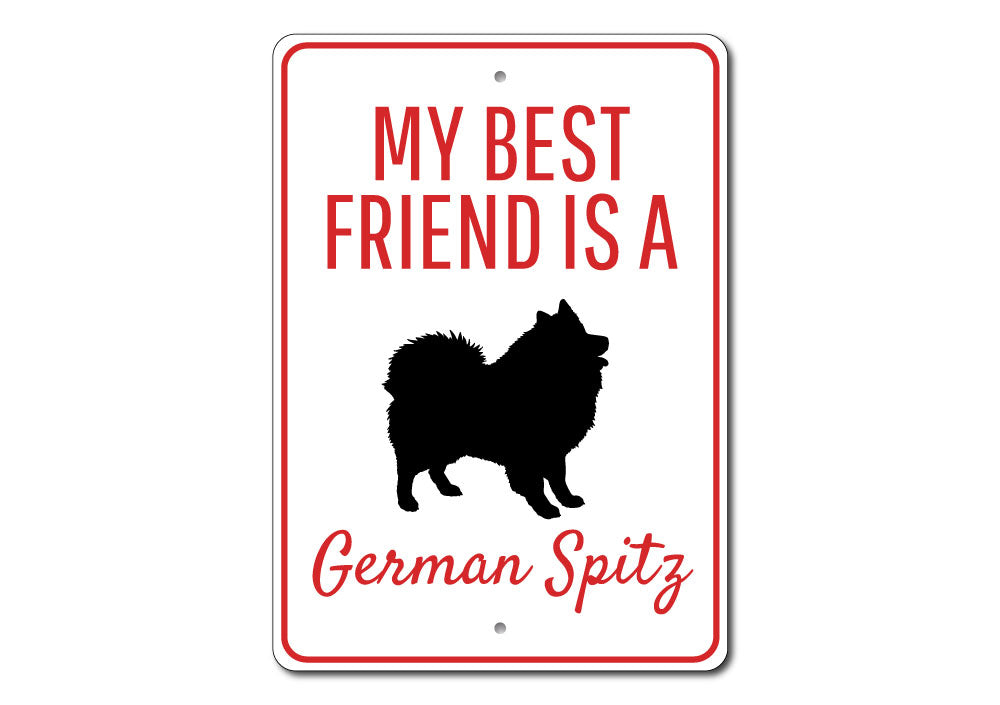 Customizable German Spitz metal sign, made from high-quality aluminum, featuring pre-drilled holes for easy mounting.