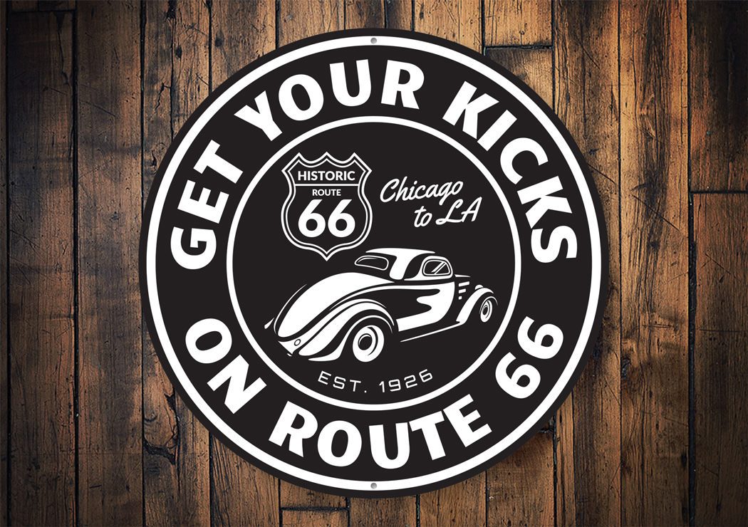 Get Your Kicks on Route 66 novelty sign made of aluminum, featuring vibrant colors and a classic design, perfect for home decor.