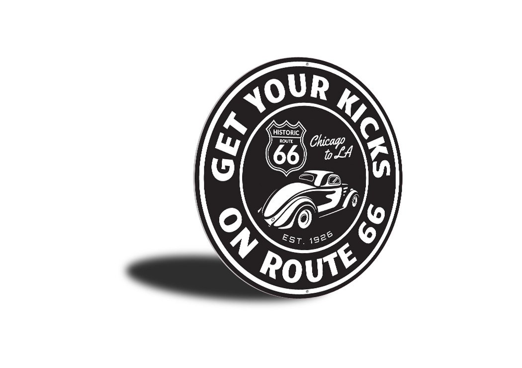 Get Your Kicks on Route 66 novelty sign made of aluminum, featuring vibrant colors and a classic design, perfect for home decor.