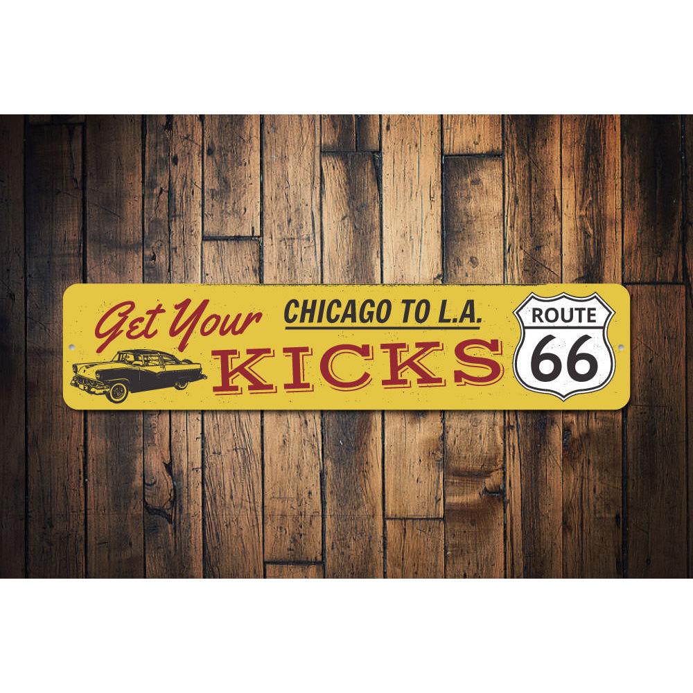 Get Your Kicks On Route 66 decorative sign made of aluminum, featuring vibrant colors and a classic design, perfect for home decor.