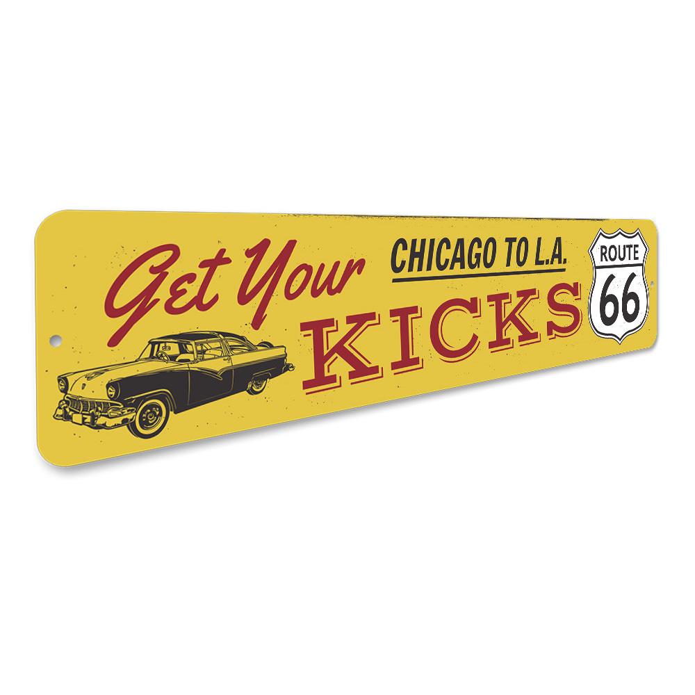 Get Your Kicks On Route 66 decorative sign made of aluminum, featuring vibrant colors and a classic design, perfect for home decor.