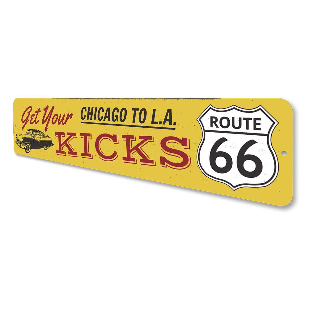 Get Your Kicks On Route 66 decorative sign made of aluminum, featuring vibrant colors and a classic design, perfect for home decor.