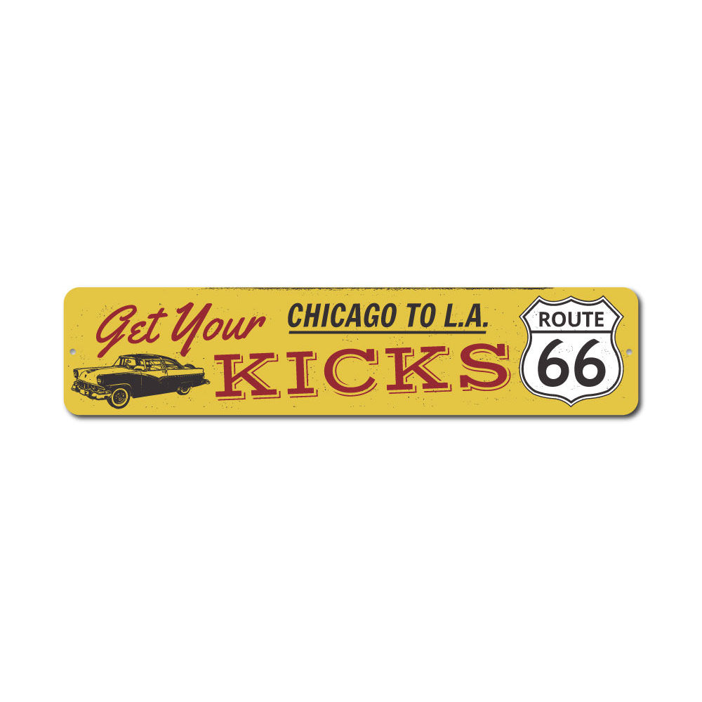 Get Your Kicks On Route 66 decorative sign made of aluminum, featuring vibrant colors and a classic design, perfect for home decor.