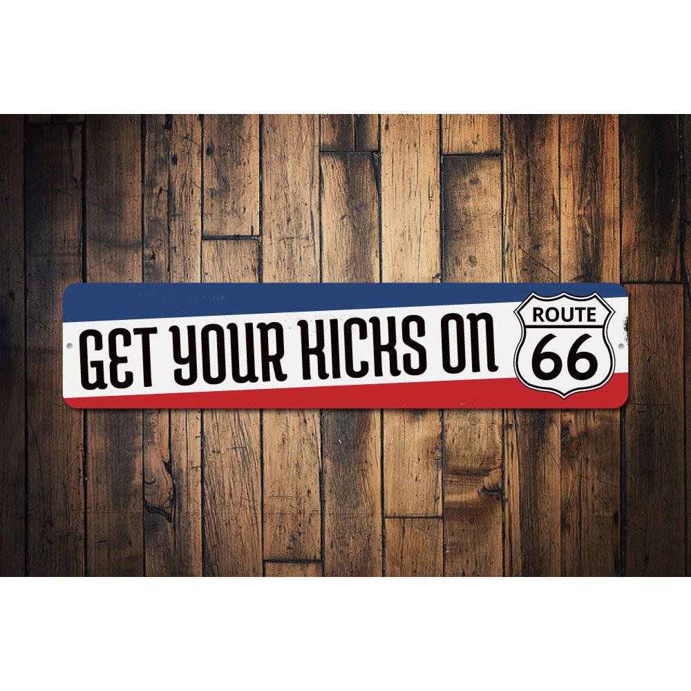 Get Your Kicks Route 66 Sign made of high-quality aluminum, featuring vibrant colors and a vintage design, perfect for home decor.