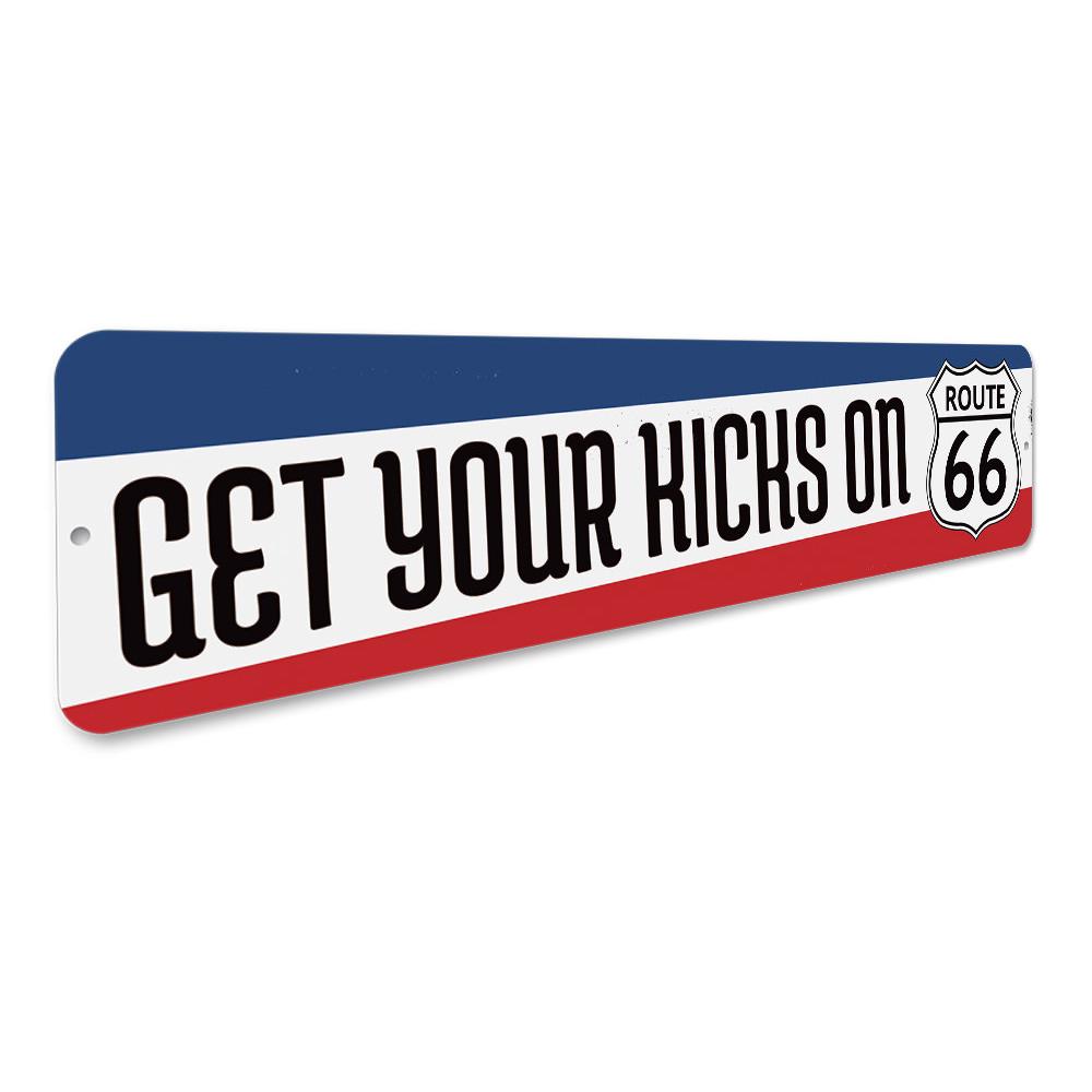 Get Your Kicks Route 66 Sign made of high-quality aluminum, featuring vibrant colors and a vintage design, perfect for home decor.