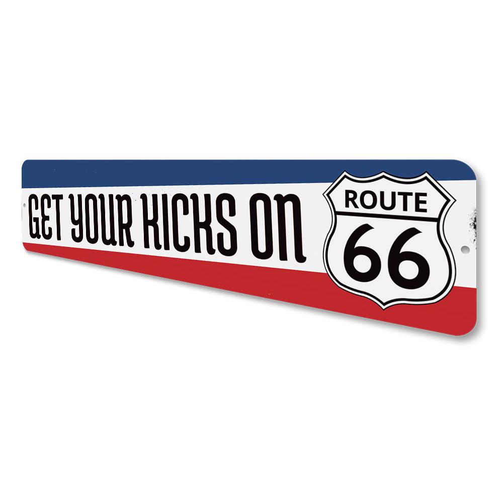 Get Your Kicks Route 66 Sign made of high-quality aluminum, featuring vibrant colors and a vintage design, perfect for home decor.