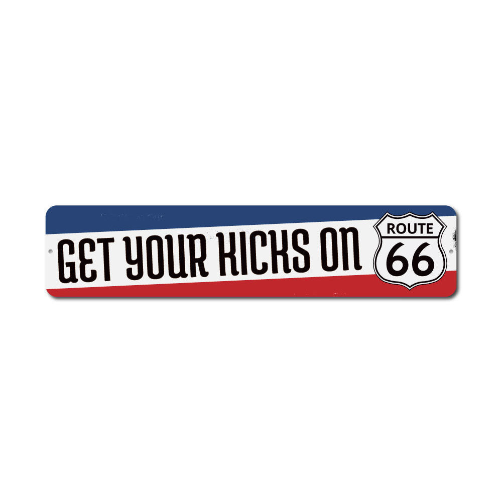 Get Your Kicks Route 66 Sign made of high-quality aluminum, featuring vibrant colors and a vintage design, perfect for home decor.