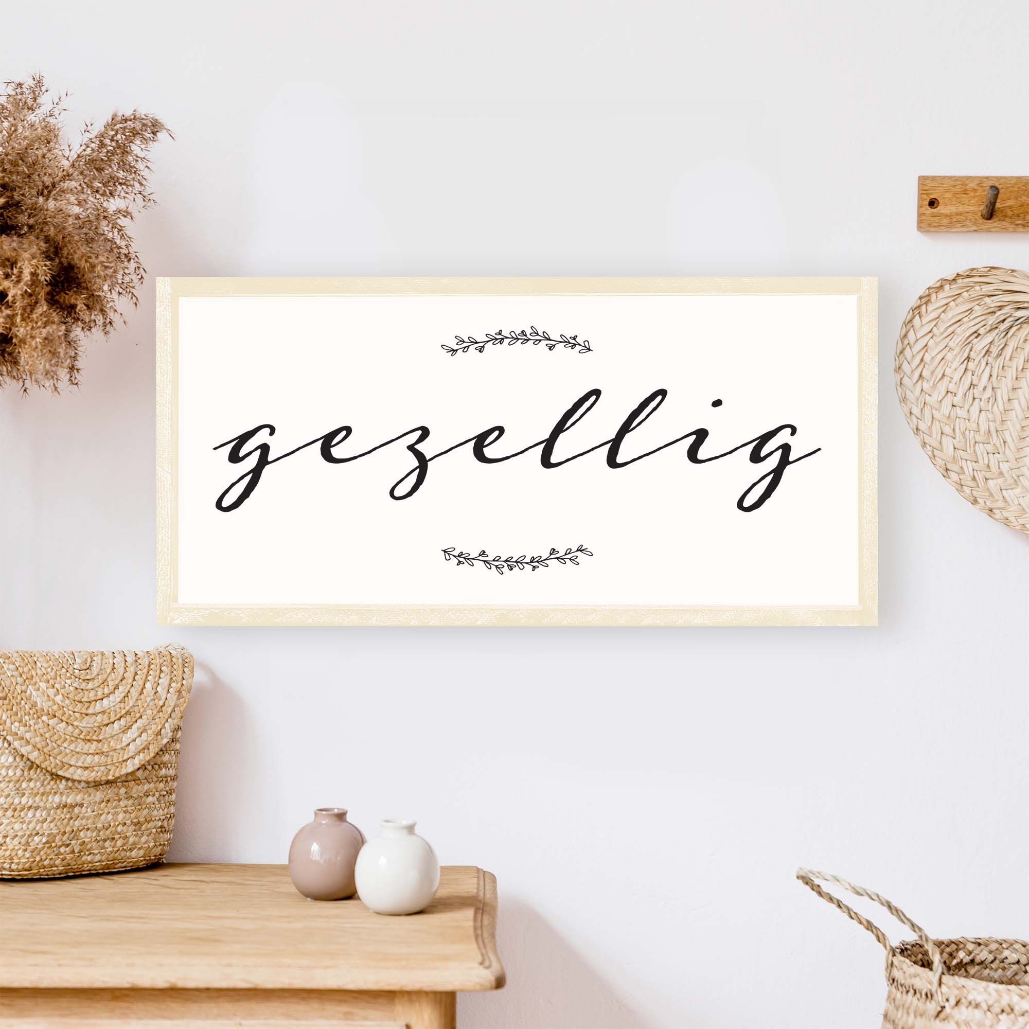 A charming Dutch Gezellig Wood Sign measuring 19x9 inches, featuring a stained pine wood frame and waterproof black text on a white background.