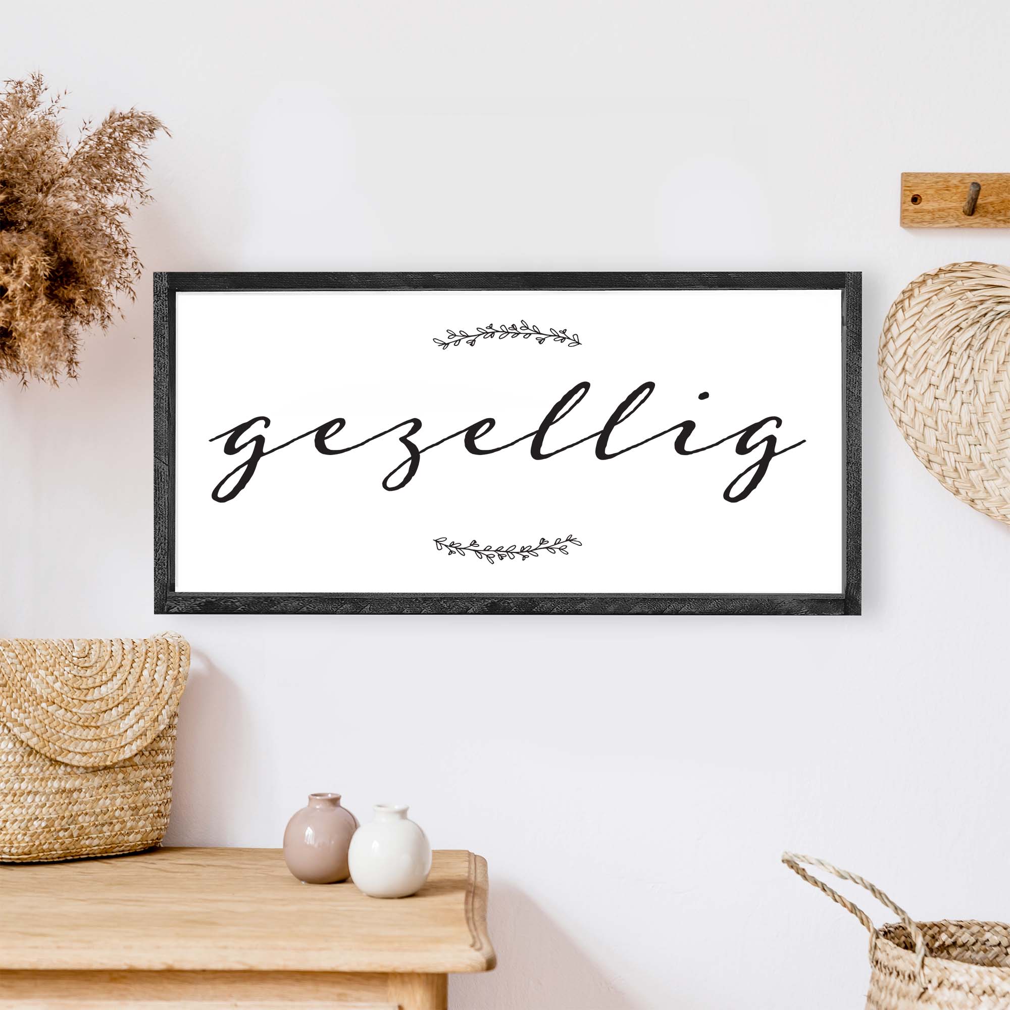 A charming Dutch Gezellig Wood Sign measuring 19x9 inches, featuring a stained pine wood frame and waterproof black text on a white background.