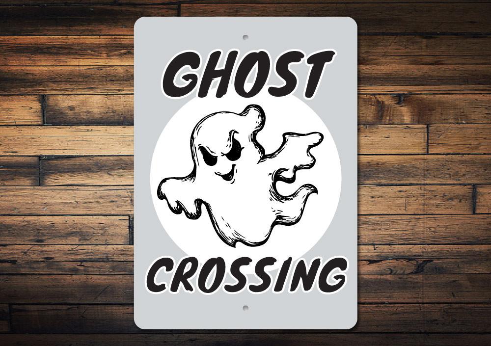 Ghost Crossing Sign made of high-quality aluminum, featuring spooky design perfect for Halloween decorations.