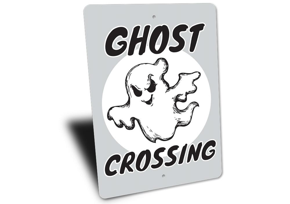 Ghost Crossing Sign made of high-quality aluminum, featuring spooky design perfect for Halloween decorations.