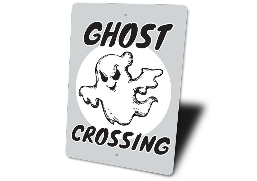 Ghost Crossing Sign made of high-quality aluminum, featuring spooky design perfect for Halloween decorations.