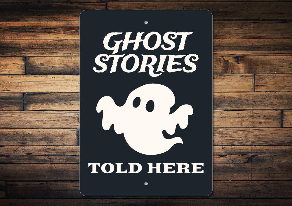 Ghost Stories Sign featuring spooky Halloween design, made from high-quality aluminum, perfect for indoor and outdoor decoration.