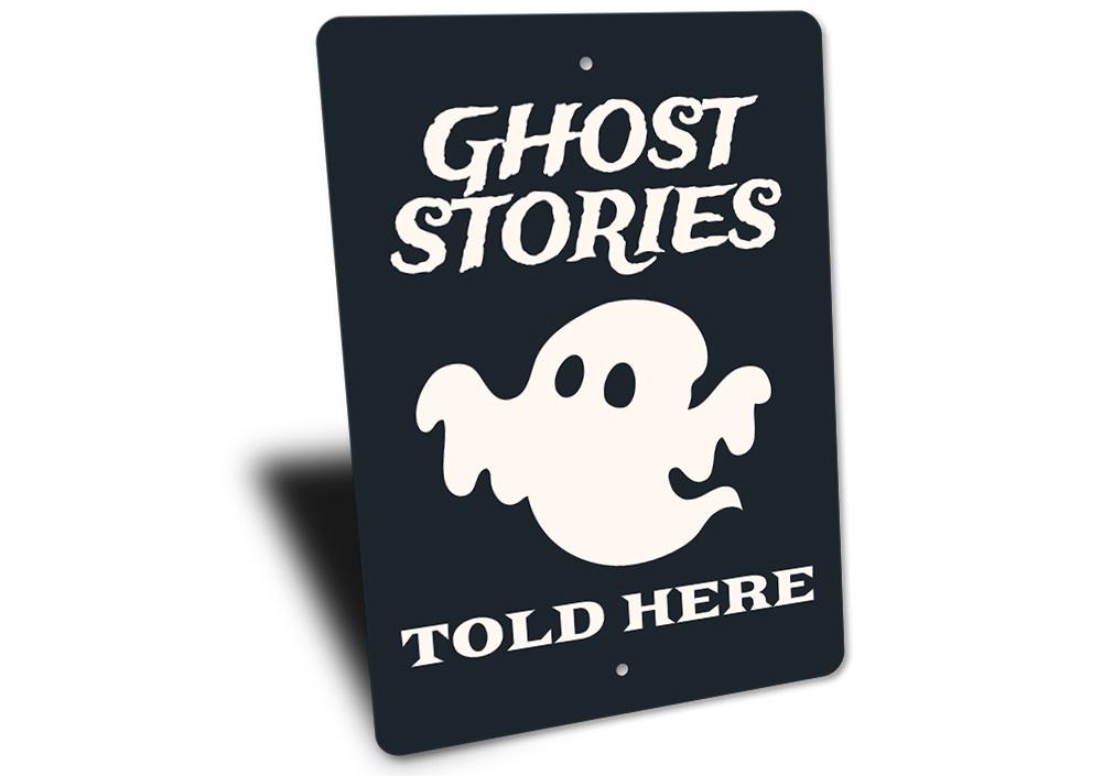 Ghost Stories Sign featuring spooky Halloween design, made from high-quality aluminum, perfect for indoor and outdoor decoration.