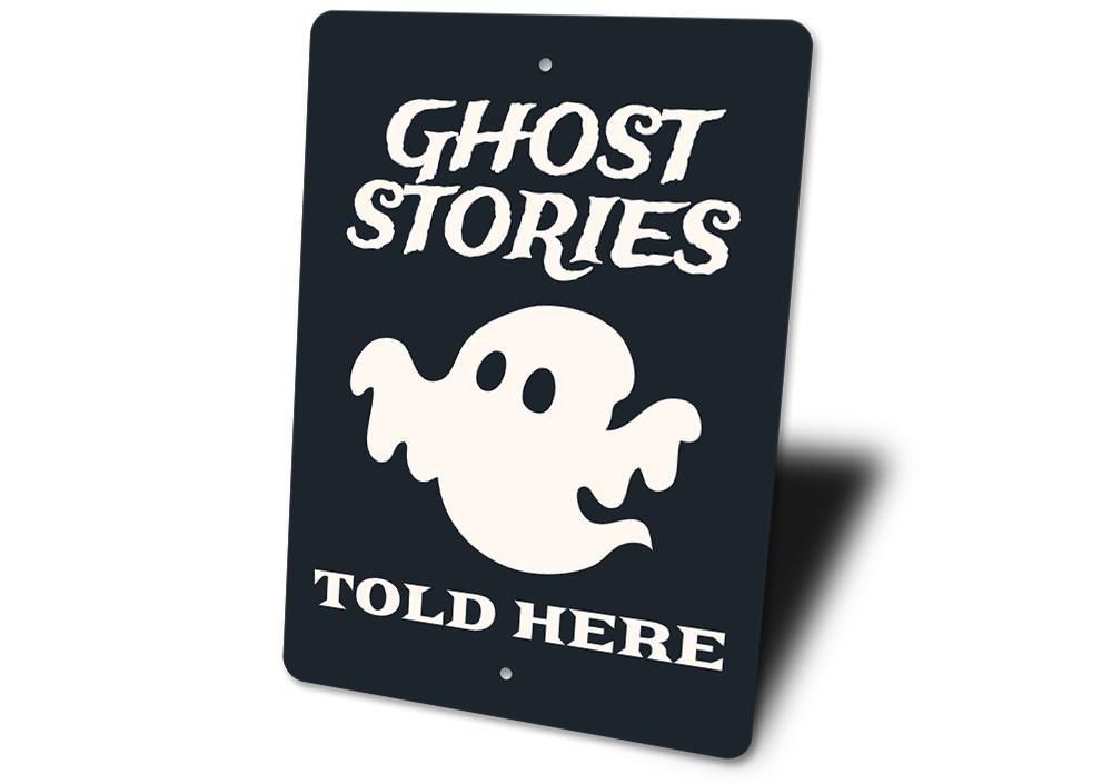 Ghost Stories Sign featuring spooky Halloween design, made from high-quality aluminum, perfect for indoor and outdoor decoration.