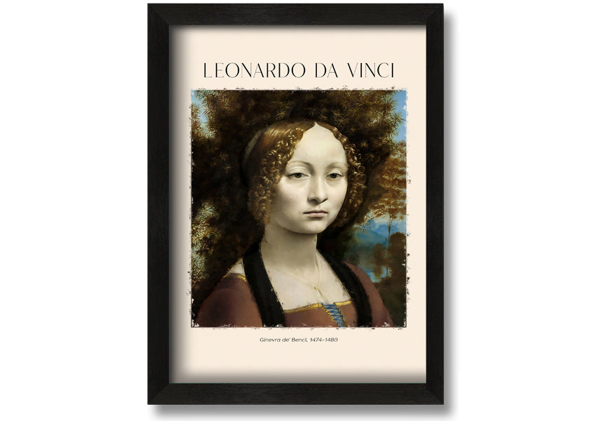 Canvas print of Ginevra De' Benci by Leonardo Da Vinci, featuring a young woman in Renaissance attire, mounted on a box frame.